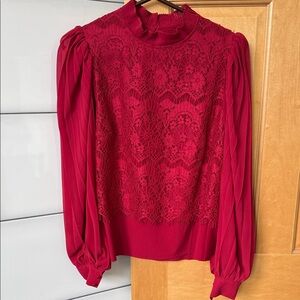 Anthropologie Lace Panel Long-Sleeve Blouse - Berry Red
